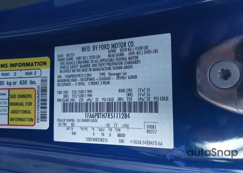 2024 Ford Mustang Ecoboost Fastback из США, поврежденный, VIN 1FA6P8TH7R5111284